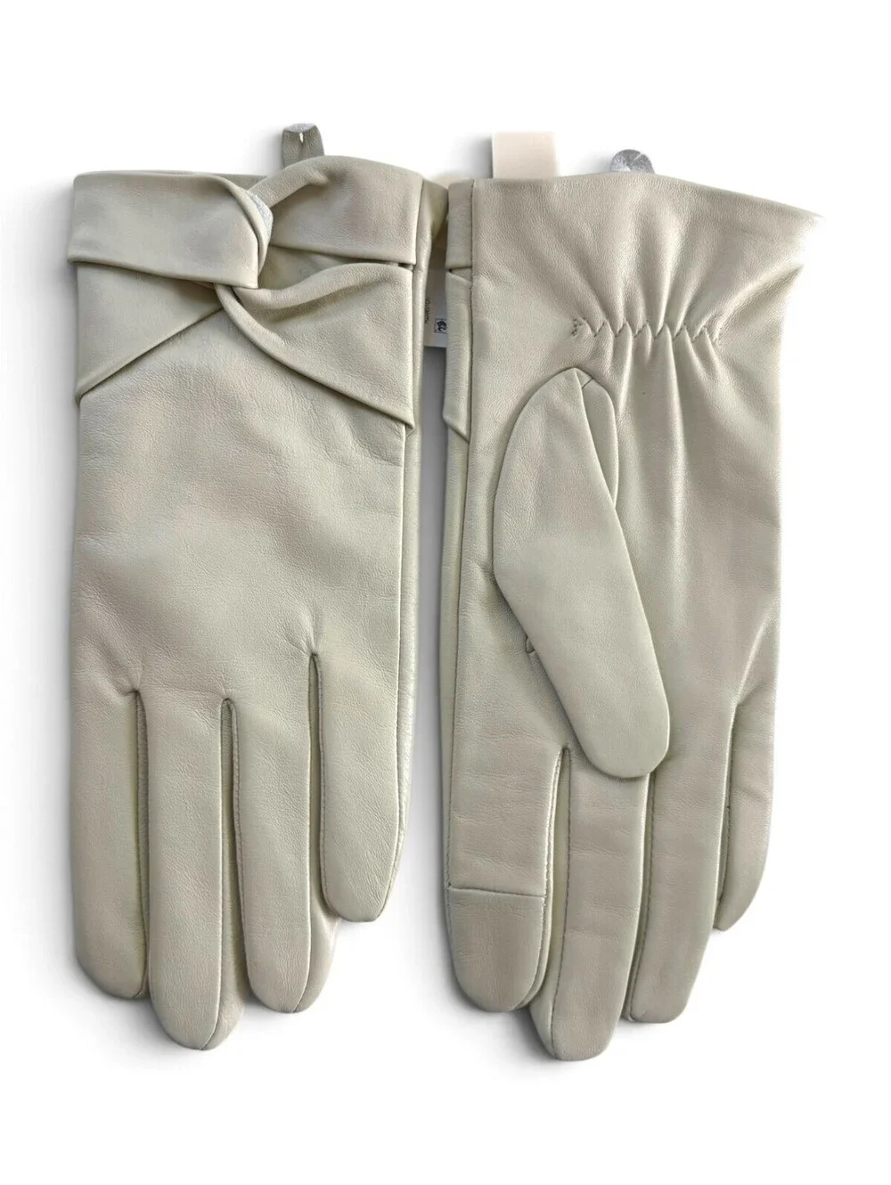 Sasso + Smyth Women Tech Touch Leather Gloves Ivory Bow Detail Size L NWT